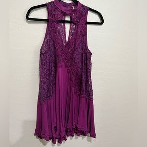 Free People Lace Sleeveless Tunic Top in Purple, Size Small Y2k Cut Out